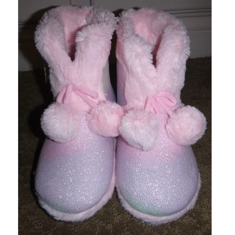Girls Falls Creek Pastel Pom Pom Bootie Slippers Size 1/2 NWT Faux Fur